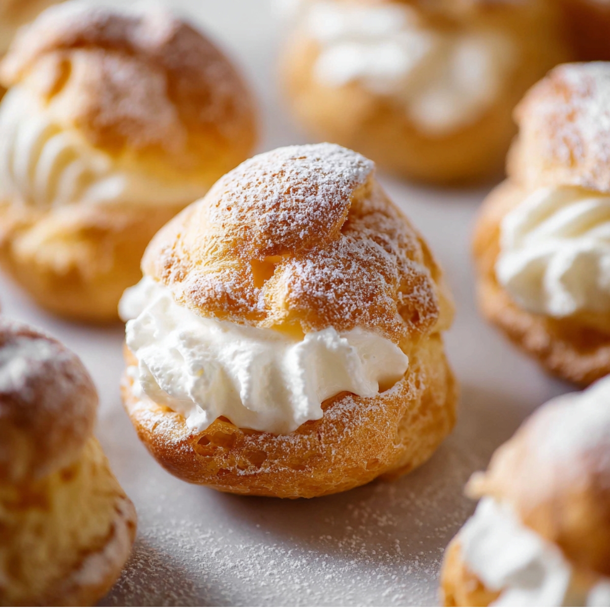 Choux Pastry with a fluffy whipped cream filling, dusted lightly with powdered sugar.