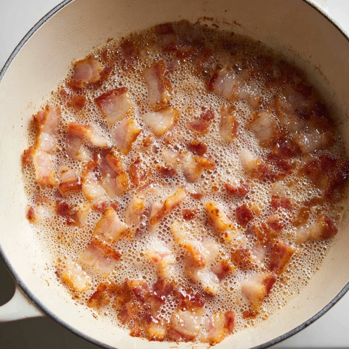 Chopped bacon frying in a pot until crispy and golden for jalapeño popper soup