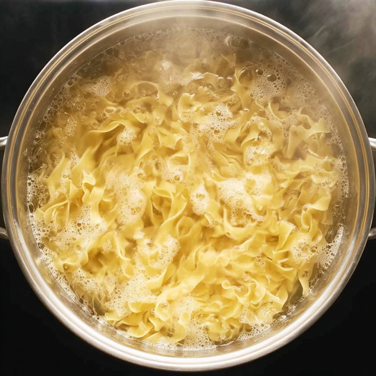 Egg noodles boiling in a pot of salted water on the stovetop