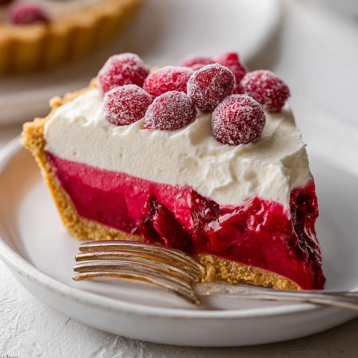Slice of Cranberry Curd Tart topped with whipped cream and sugared cranberries on a plate with a fork.
