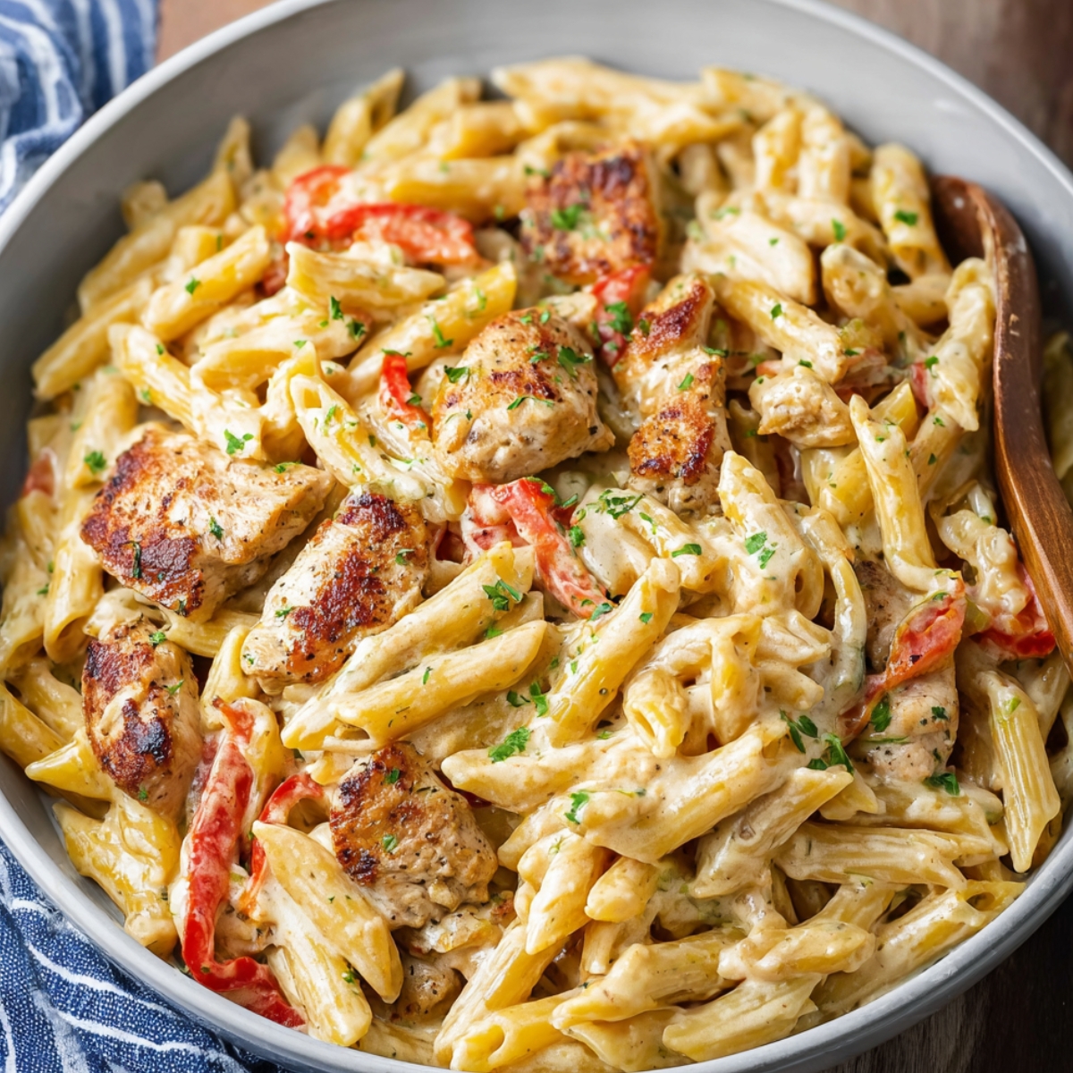 Creamy Cajun chicken pasta with penne, bell peppers, and parsley served in a bowl.