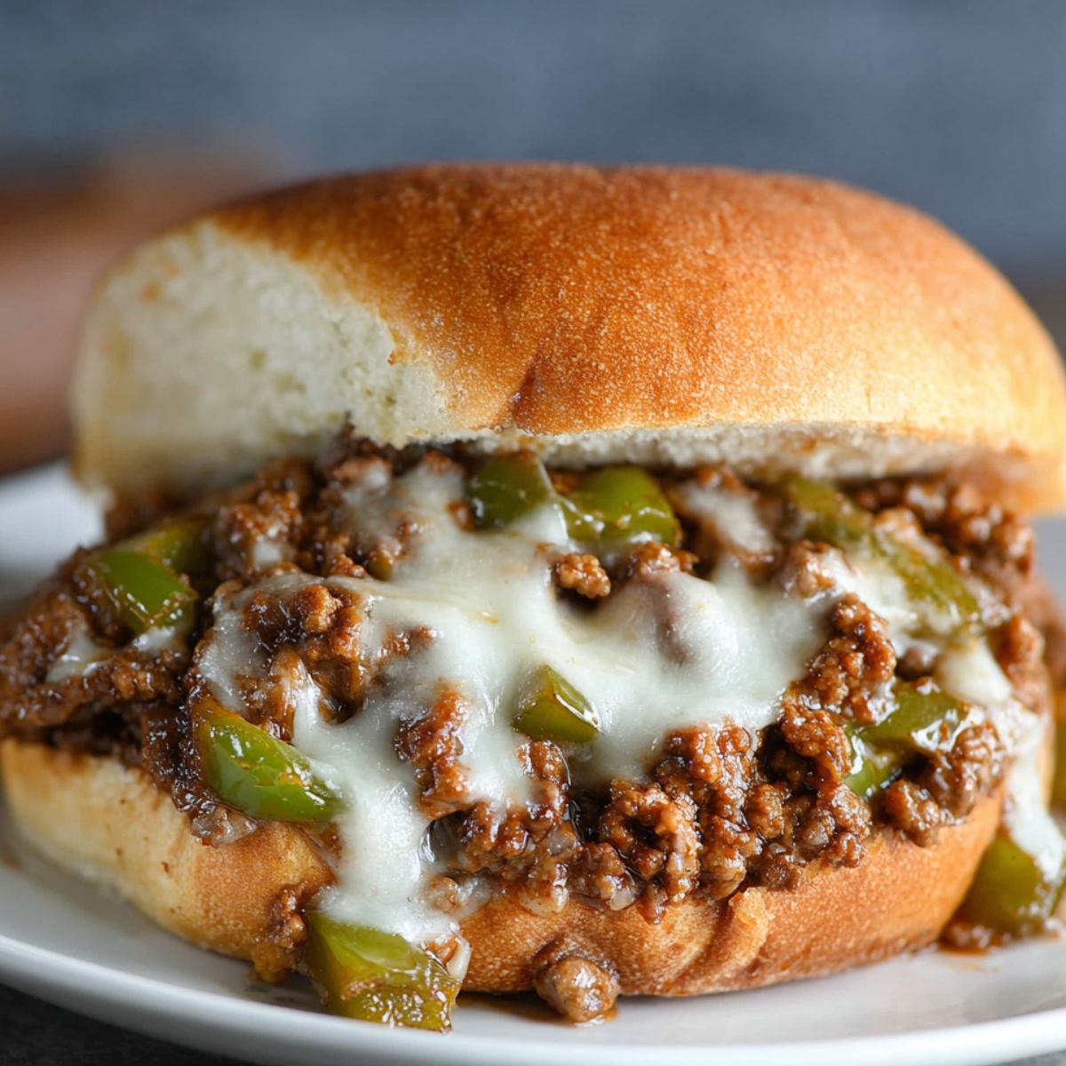 A close-up of a Philly Cheesesteak Sloppy Joes sandwich with melted cheese and a savory beef mixture.