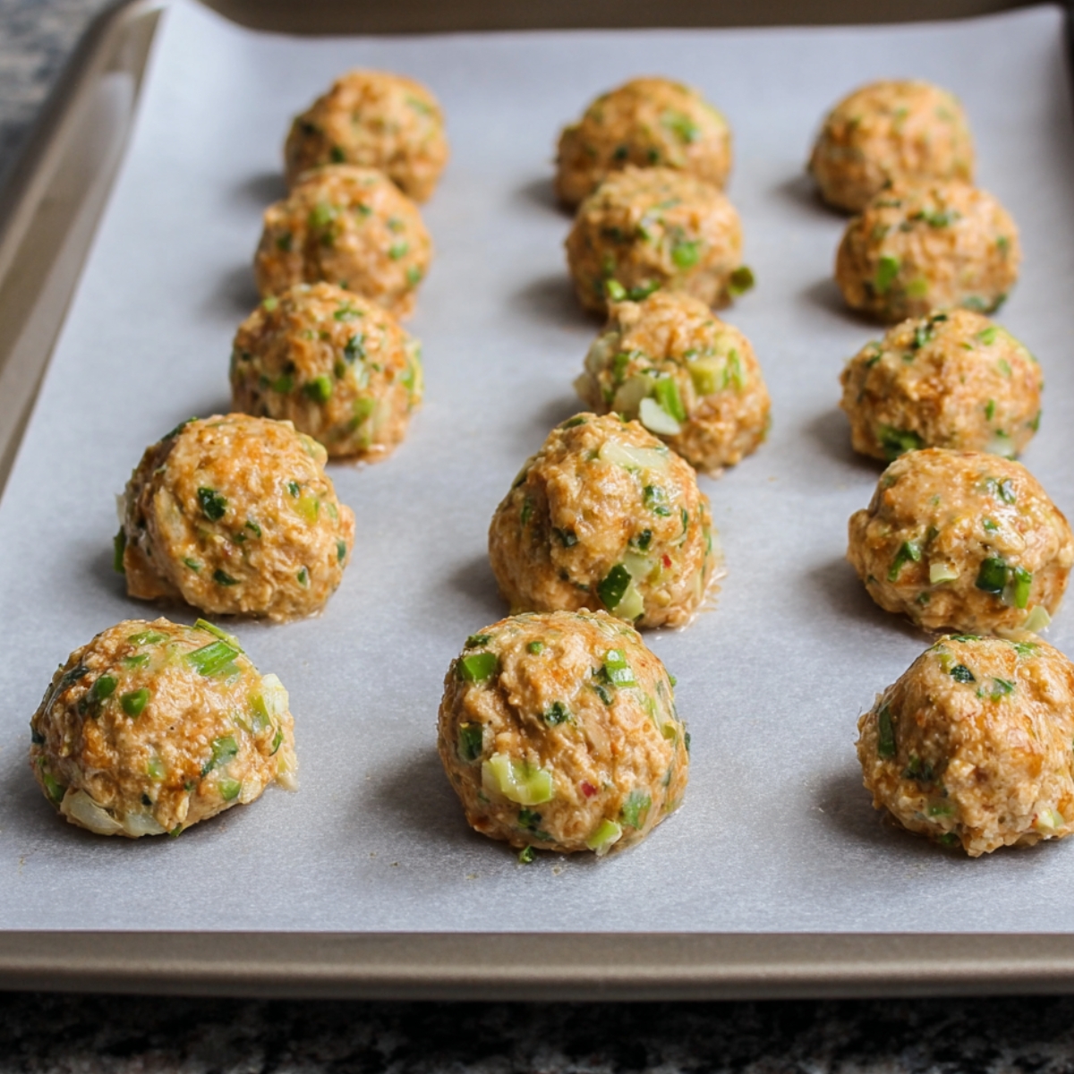 Raw buffalo chicken meatballs placed on a baking sheet lined with parchment paper, ready to be cooked.
