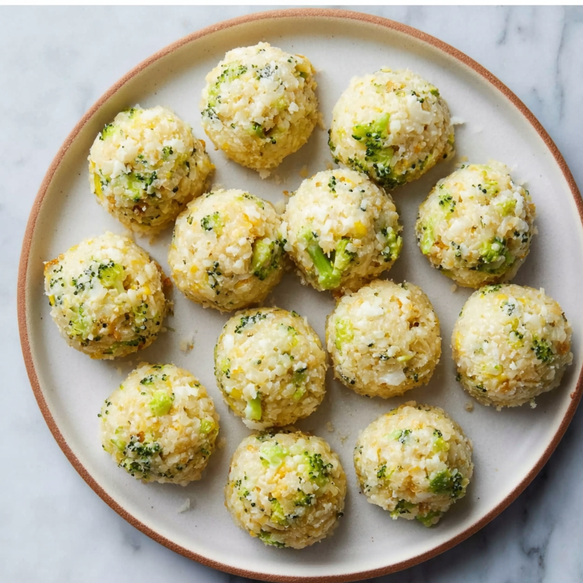 A plate of uncooked rice balls, filled with rice and bits of broccoli, ready to be breaded and fried.