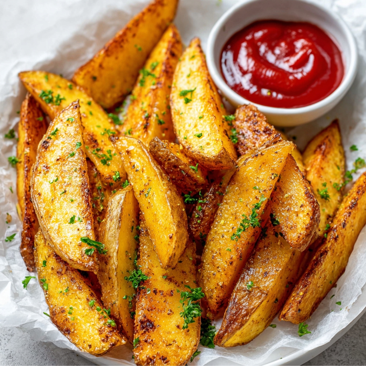 Garlic Parmesan Baked Potato Wedges served with a side of ketchup.