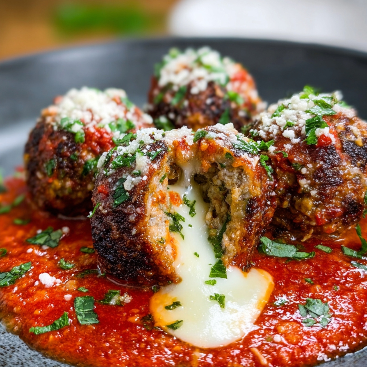 Homemade Mozzarella Stuffed Meatballs covered in marinara sauce, garnished with fresh parsley and grated cheese.