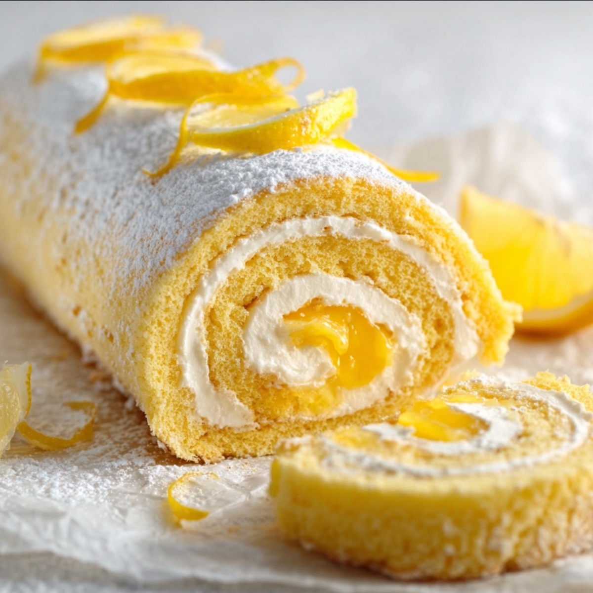 Lemon Swiss Roll cake filled with cream and lemon curd, dusted with powdered sugar