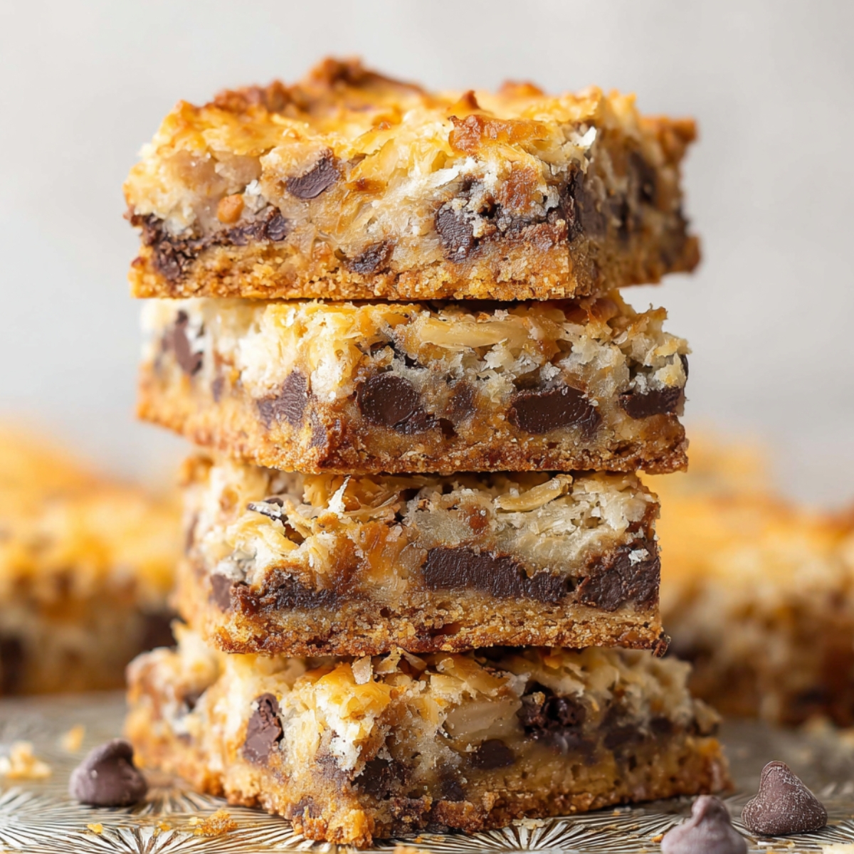 Stack of golden-baked Magic Cookie Bars with visible layers of chocolate chips, coconut, and a graham cracker crust.