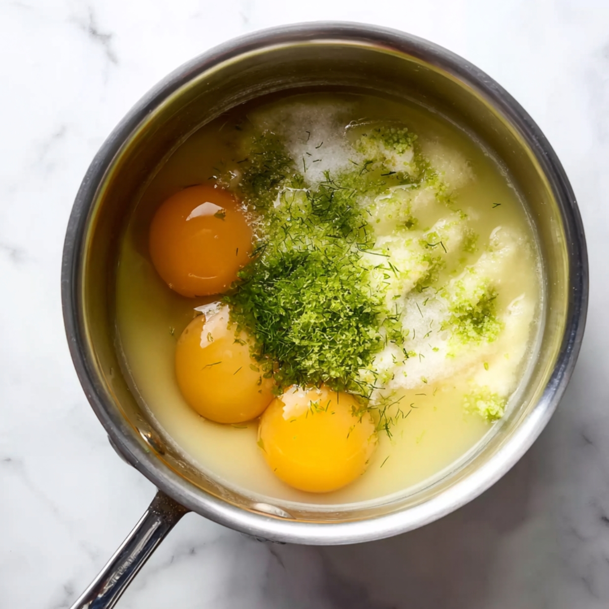 A saucepan filled with lime juice, zest, eggs, and sugar, ready to be whisked.