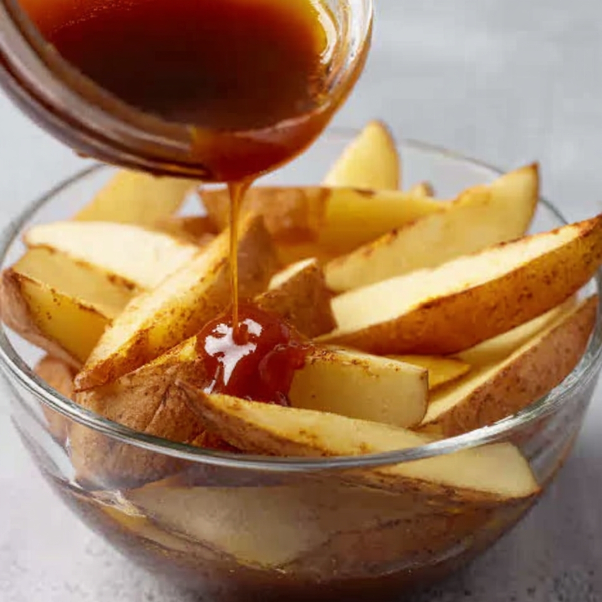 Raw potato wedges being drizzled with sauce.