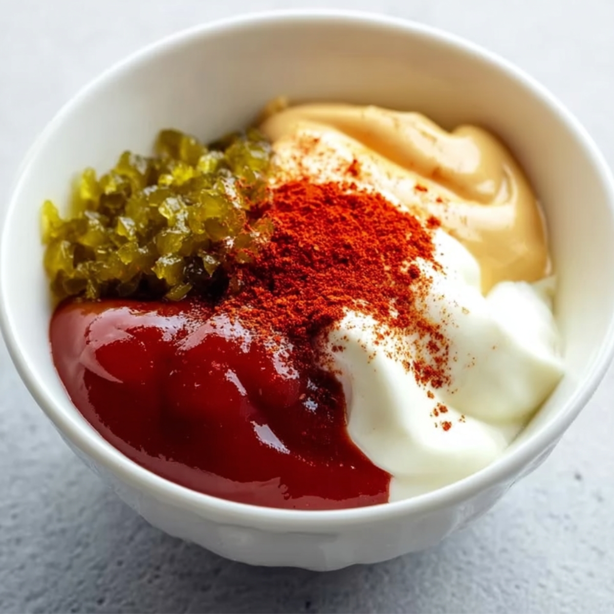 A bowl containing a mixture of ketchup, mustard, sweet pickle relish, and chili powder, creating a colorful sauce for wraps.