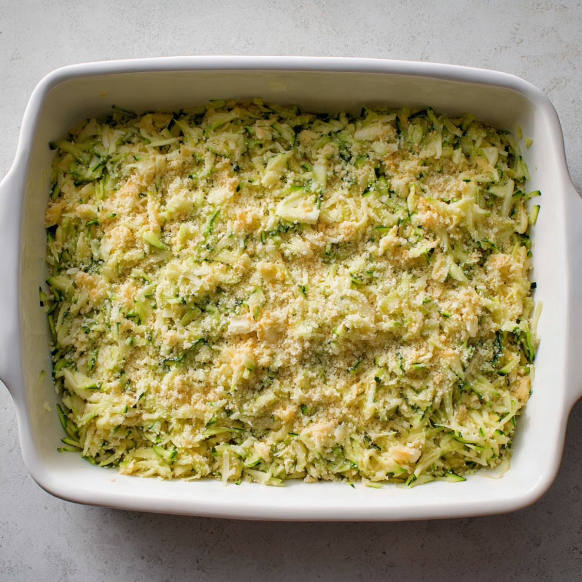 A baking dish filled with a mixture of shredded zucchini, cheese, and breadcrumbs, forming the base for a zucchini pizza casserole. The mixture is evenly spread out, ready for the next layer.