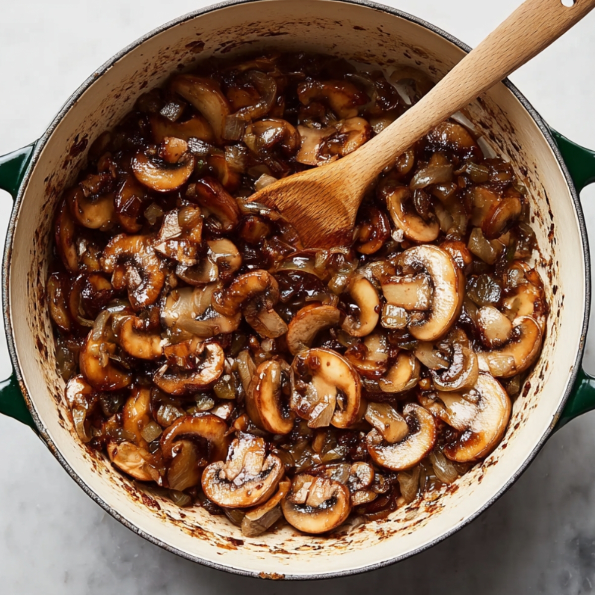 Sautéed mushrooms and onions caramelizing in a pot for Hungarian mushroom soup base.