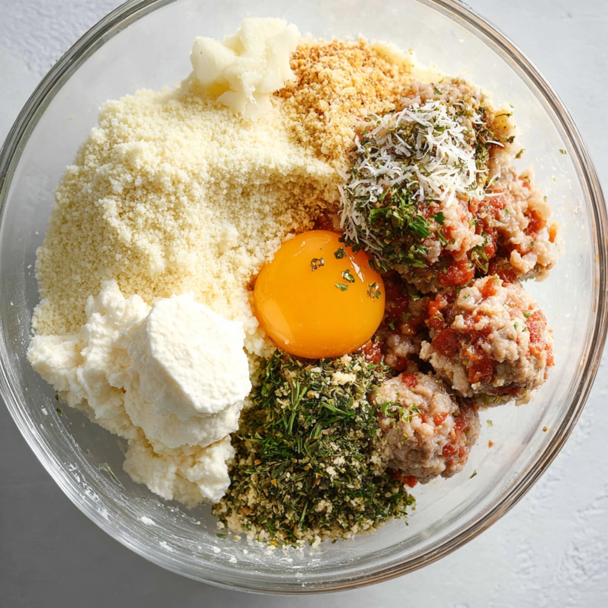 Raw meatball mixture with egg, ricotta, breadcrumbs, Parmesan, and herbs in a glass bowl.