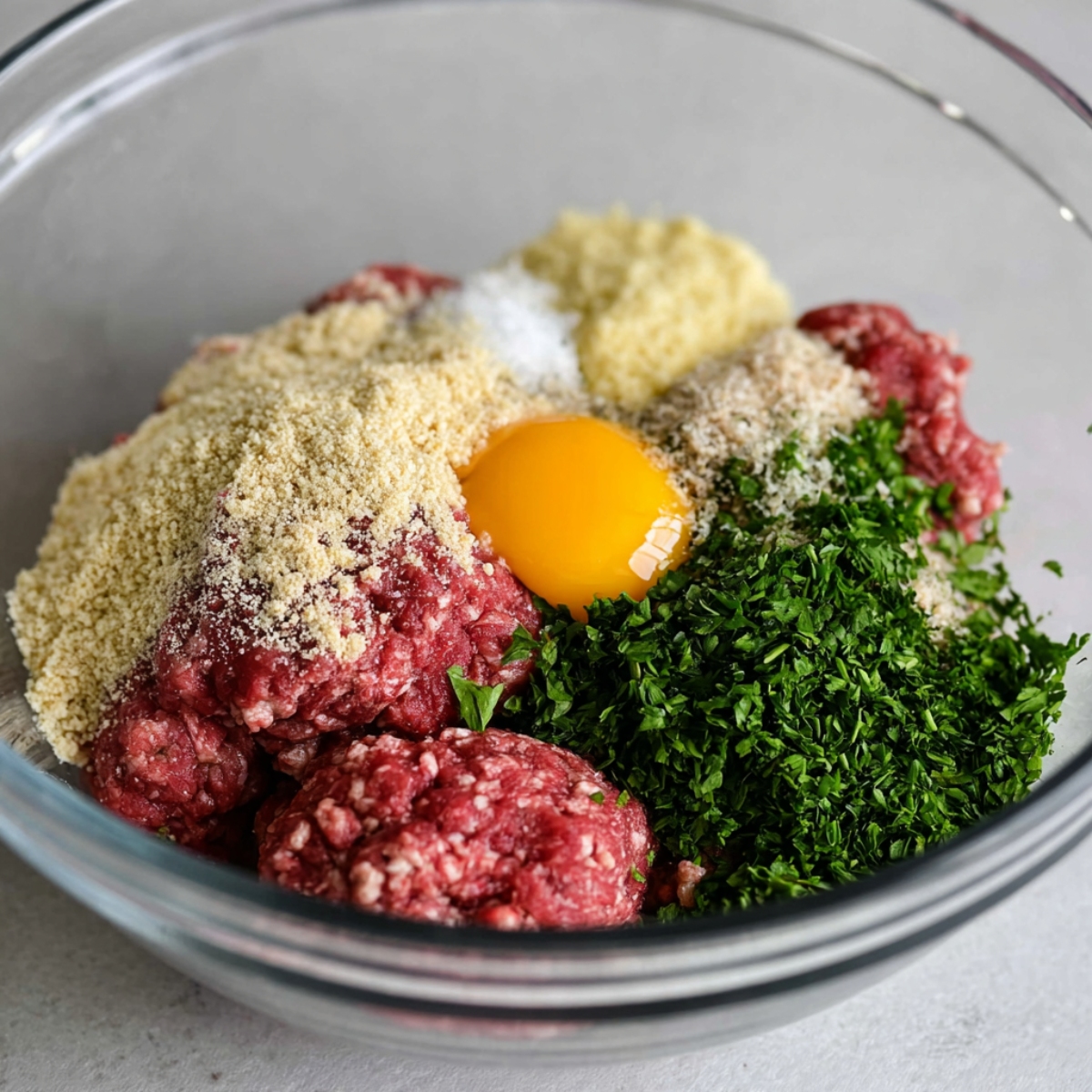 A bowl of raw ingredients for meatballs, including ground beef, breadcrumbs, herbs, garlic, and egg.