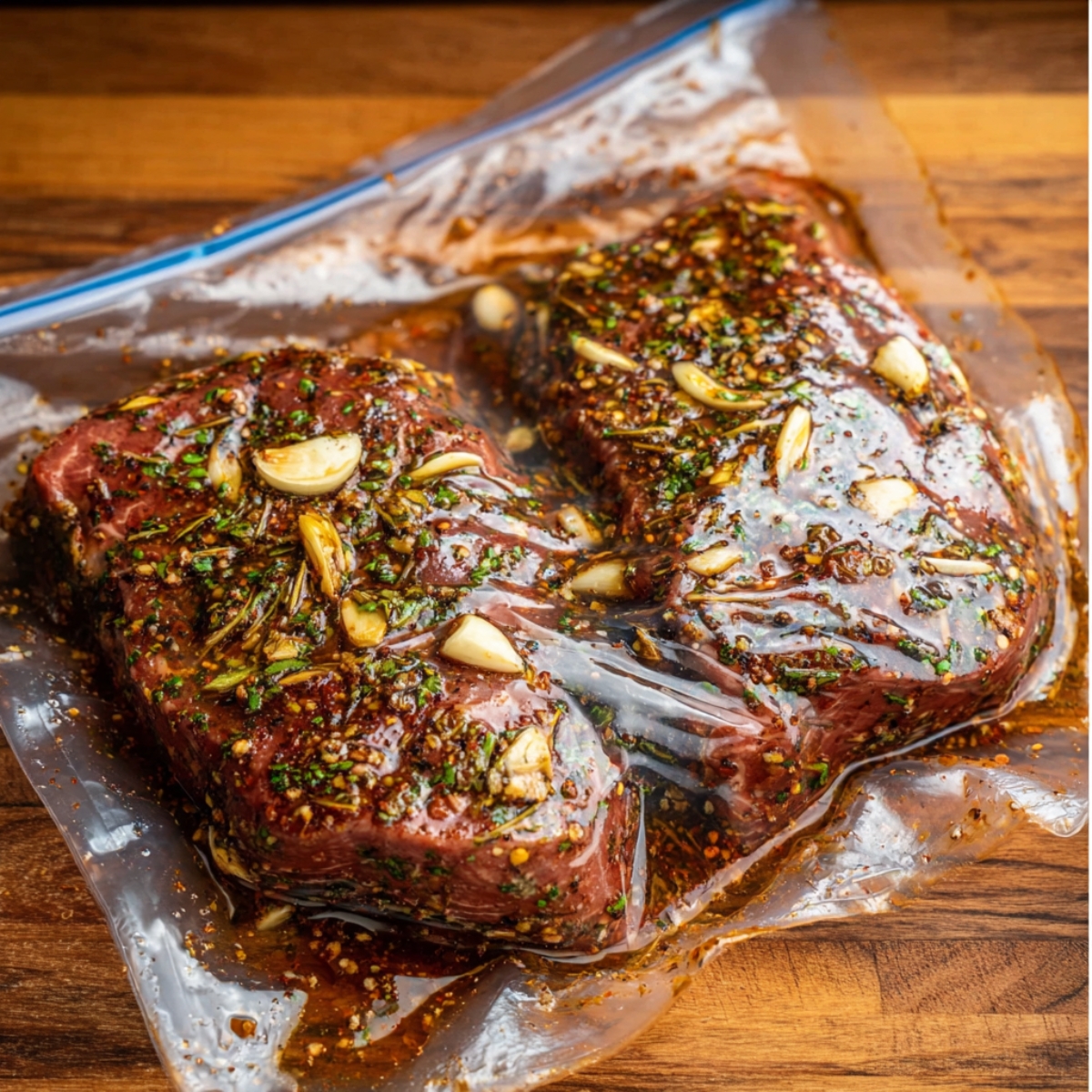 Steaks marinating in a Ziplock bag with a blend of herbs, garlic, and seasonings.