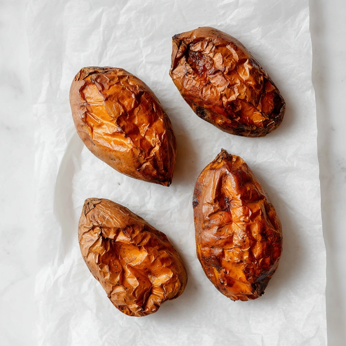 Four roasted sweet potatoes with wrinkled skins arranged on parchment paper, photographed from above.