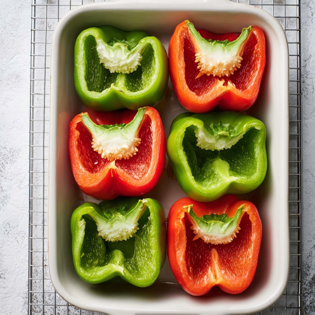 Overhead view of halved red and green bell peppers with seeds removed, arranged cut-side up in a white ceramic baking dish, ready to be filled.