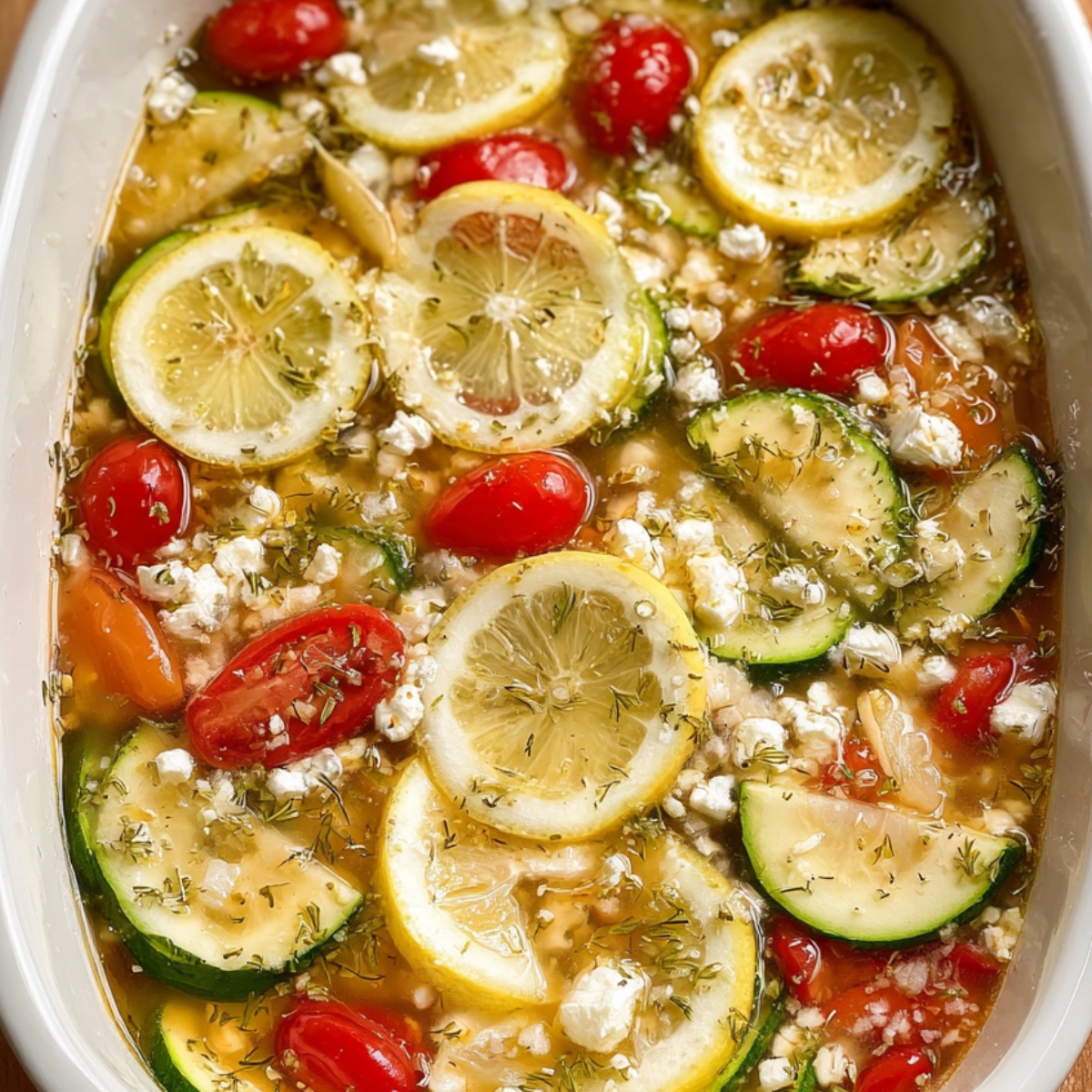A close-up of the prepared casserole with lemon slices, fresh herbs, and feta cheese scattered over zucchini and tomatoes.