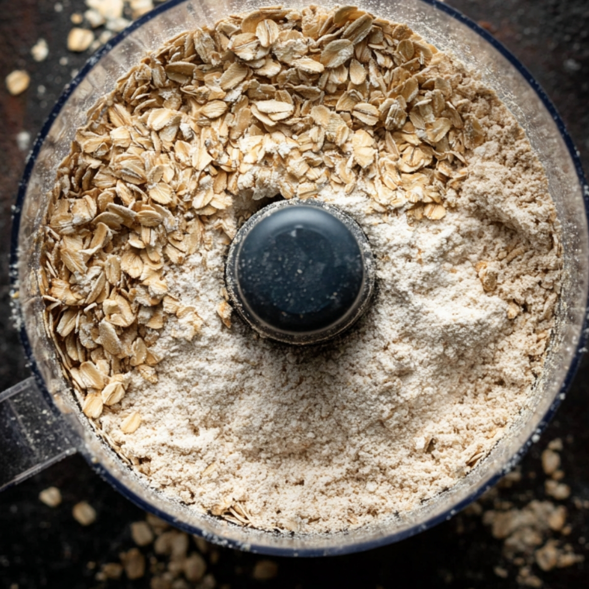 Rolled oats partially ground into flour inside a food processor bowl.