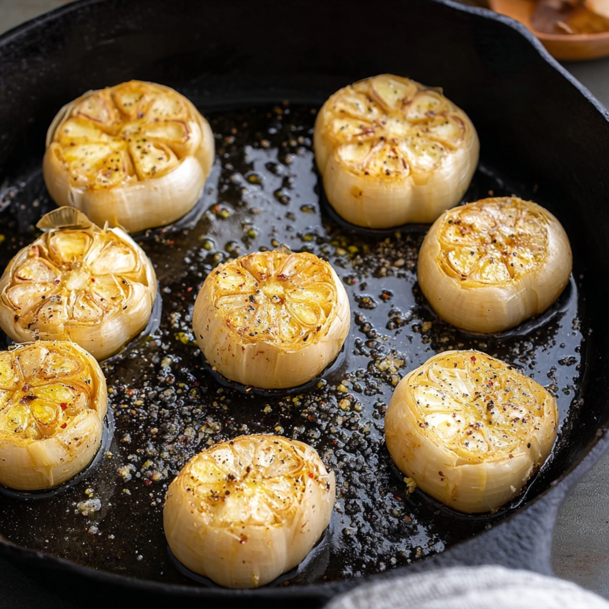 Garlic cloves being roasted in a cast iron skillet, seasoned with olive oil and herbs.