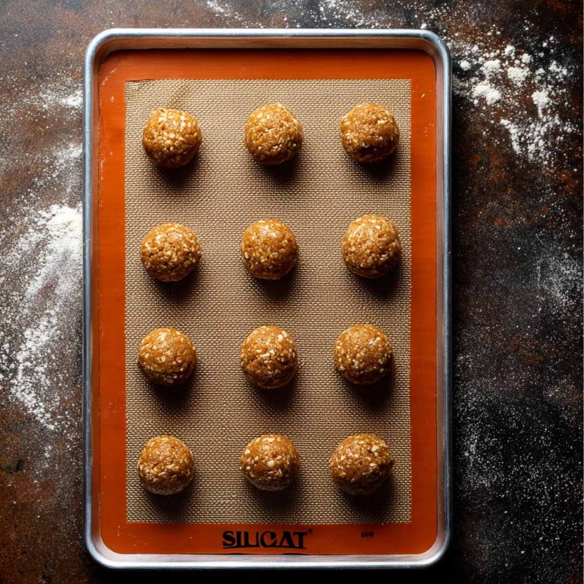 Gingerbread oatmeal cookie dough balls arranged on a silicone baking mat on a baking sheet.
