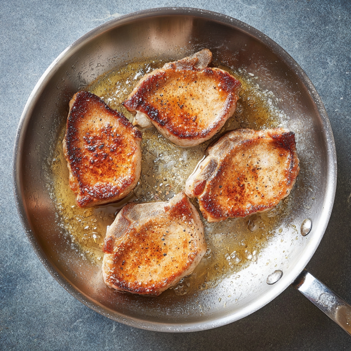 Overhead view of four pork chops searing in a stainless steel skillet with a golden brown crust