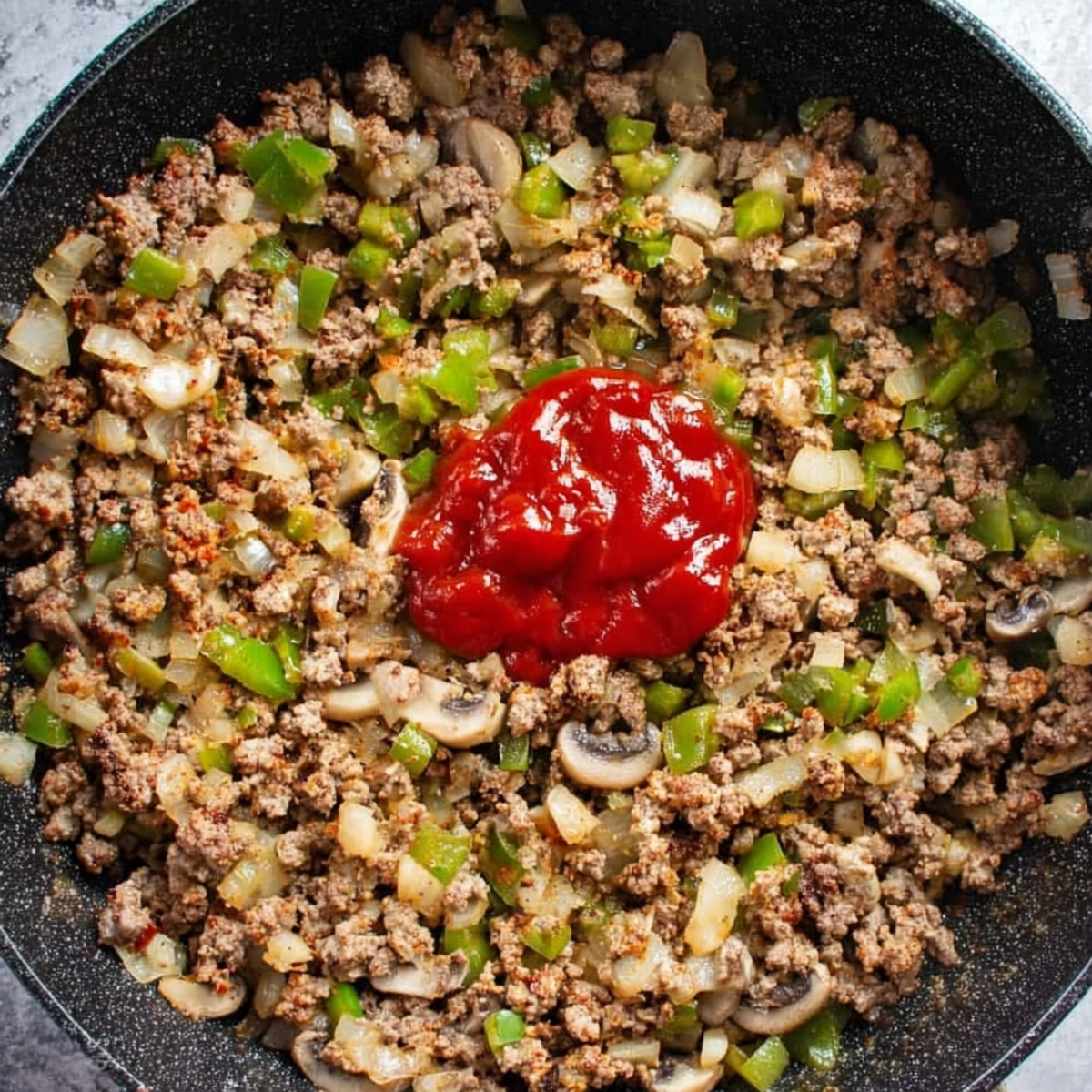 Skillet with ground beef, vegetables, and a thickened sauce, ready for the next step in cooking.