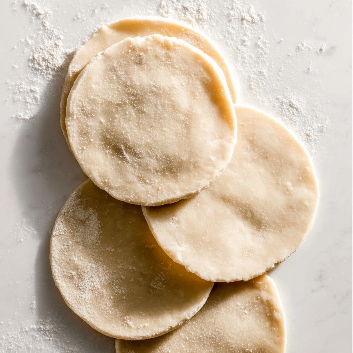 Overhead view of several round pie dough discs dusted with flour and stacked on a white marble surface, prepared and ready to be filled for homemade mini fruit galettes.