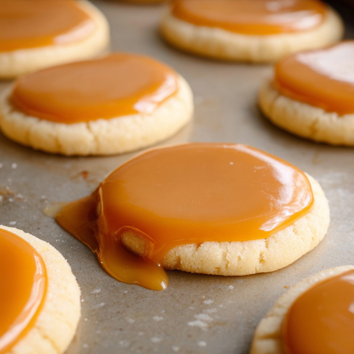 A batch of Twix-style cookies on a baking tray with melted caramel oozing over the top of each shortbread cookie base.