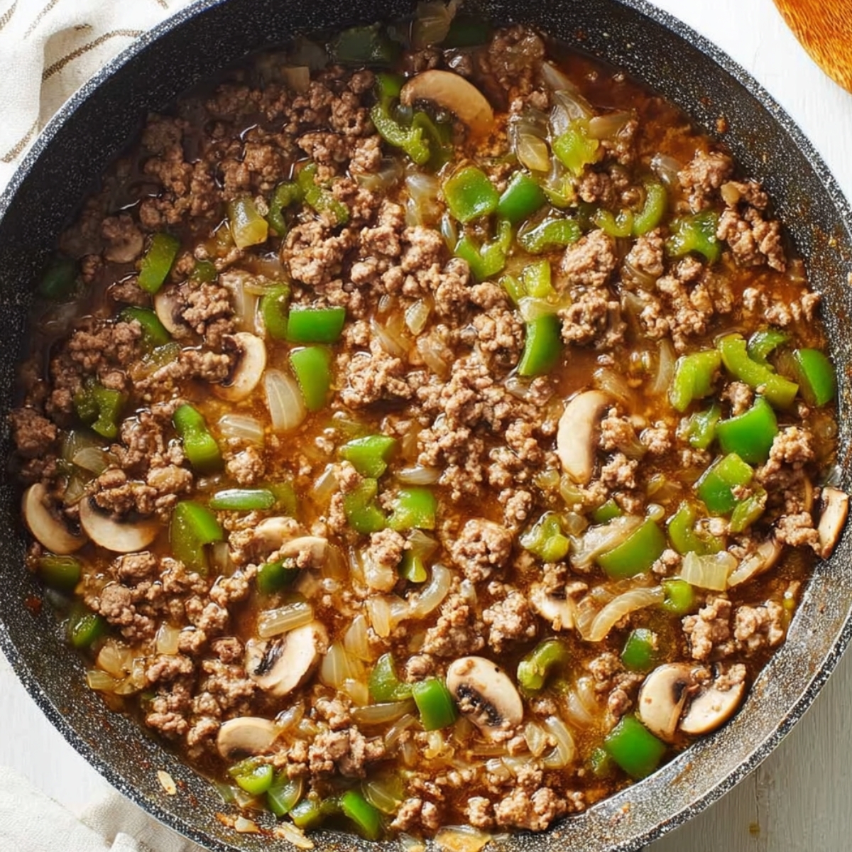 Seasonings added to a skillet of cooked ground beef, green peppers, and onions, ready to be mixed.