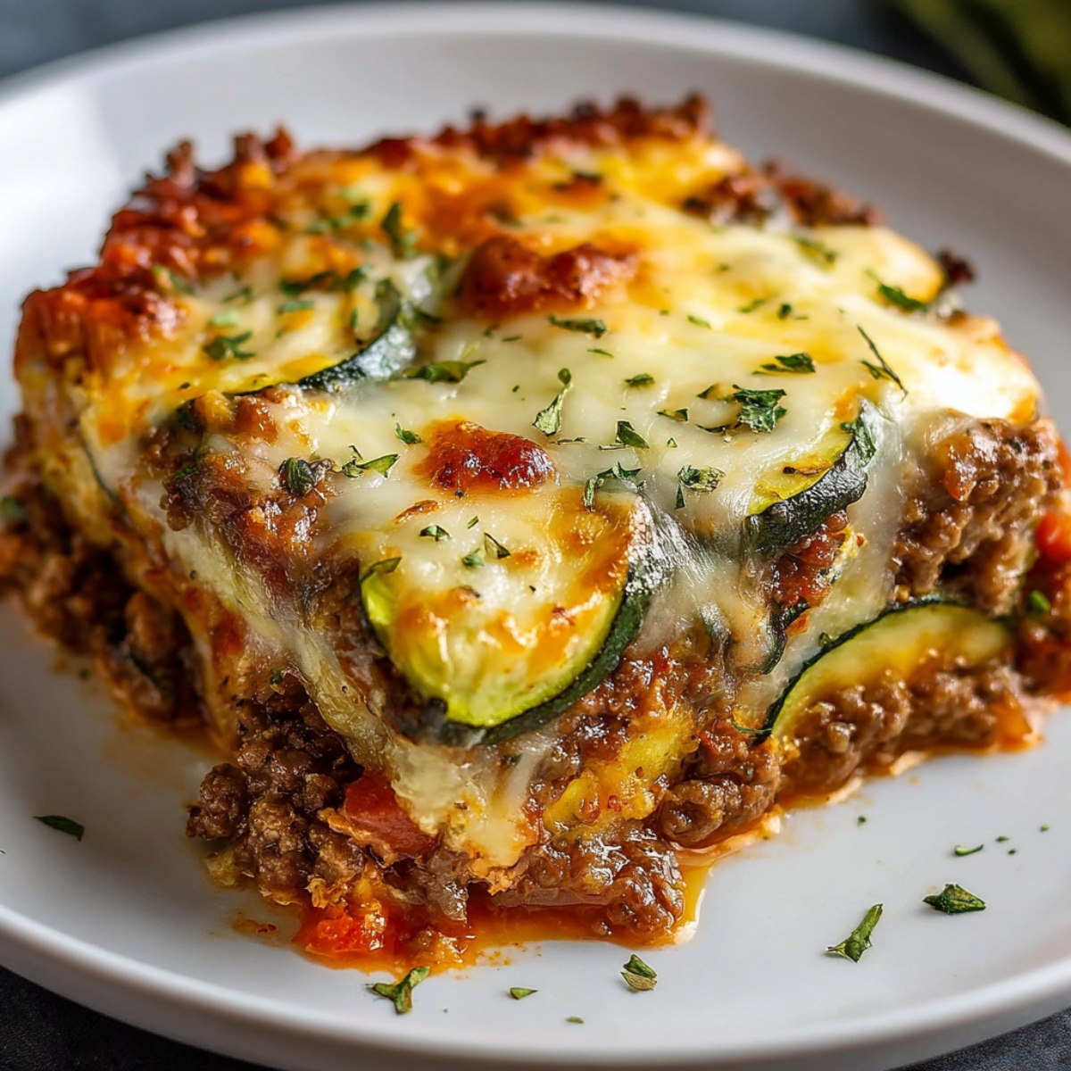 A serving of freshly baked Zucchini Pizza Casserole on a white plate. The dish is layered with zucchini, ground beef, tomato sauce, and melted cheese, garnished with fresh herbs. The casserole is golden and bubbling, ready to be served.