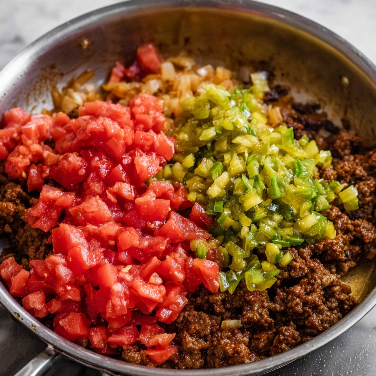 A close-up of ground beef, diced tomatoes, and chopped green chiles in a skillet. The ingredients are mixed together, creating a colorful and flavorful base for a savory dish.