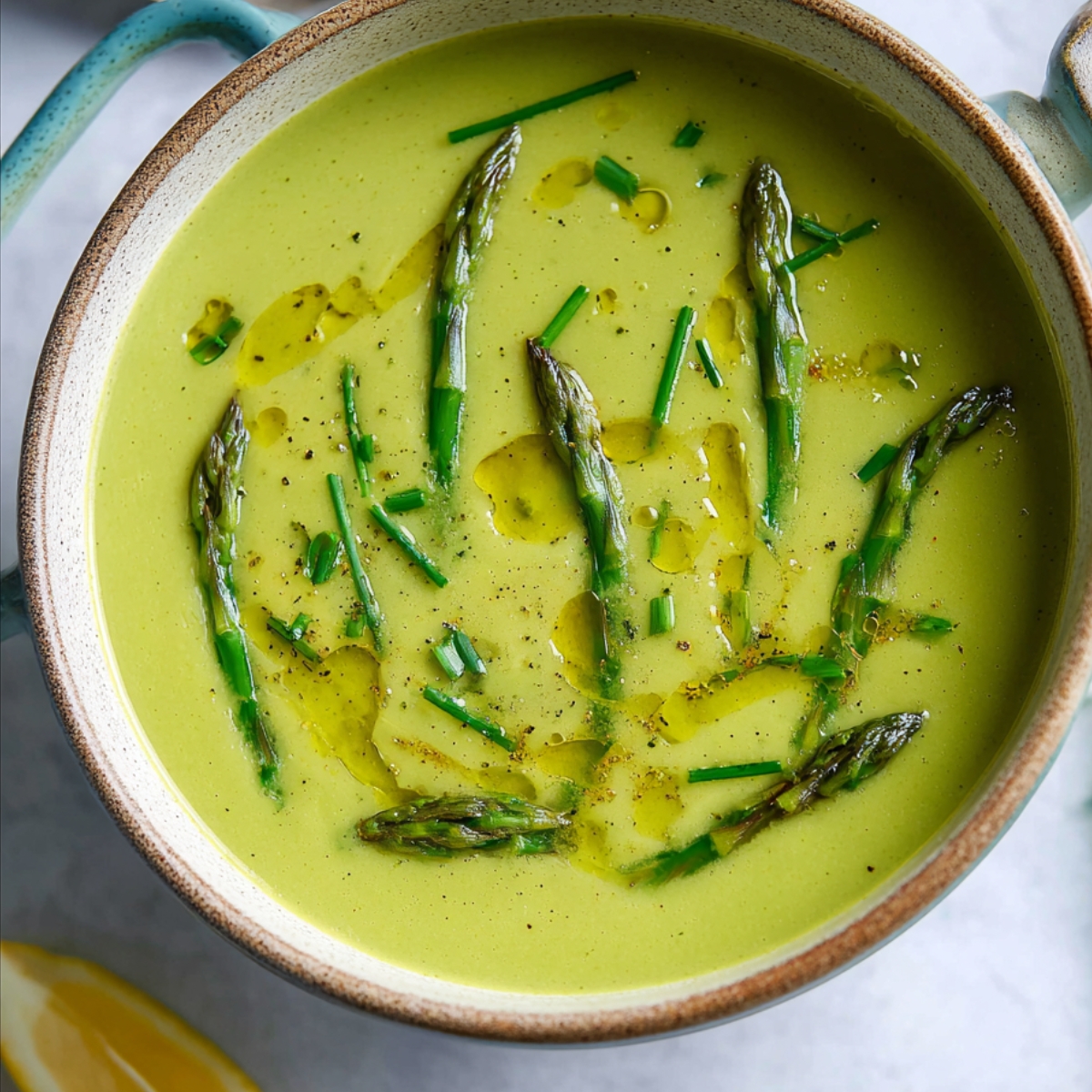 A bowl of creamy Asparagus Soup, garnished with whole asparagus spears, a drizzle of olive oil, and fresh chives, creating a smooth and vibrant dish.