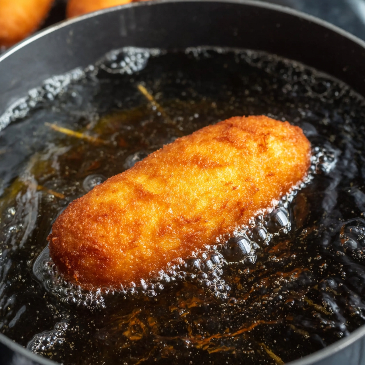 Golden, crispy Korean corn dog frying in hot oil.