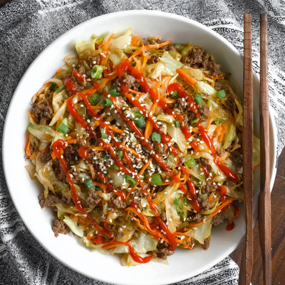 A finished bowl of Beef and Cabbage Stir Fry, topped with green onions, sesame seeds, and a drizzle of sriracha sauce for a flavorful, spicy kick.