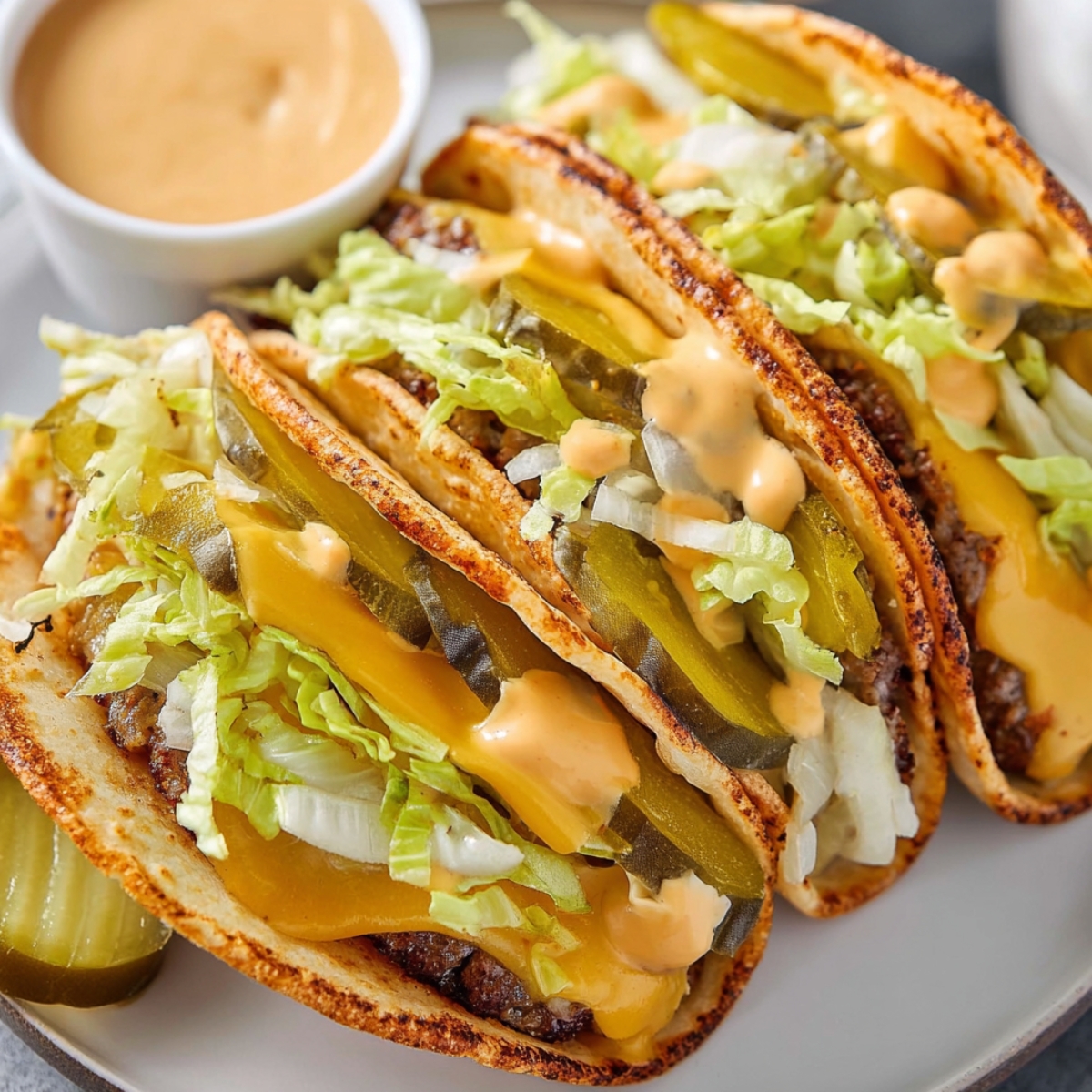 Big Mac Smash burger Tacos with pickles, lettuce, and melted cheese inside soft taco shells with drizzle of special sauce.