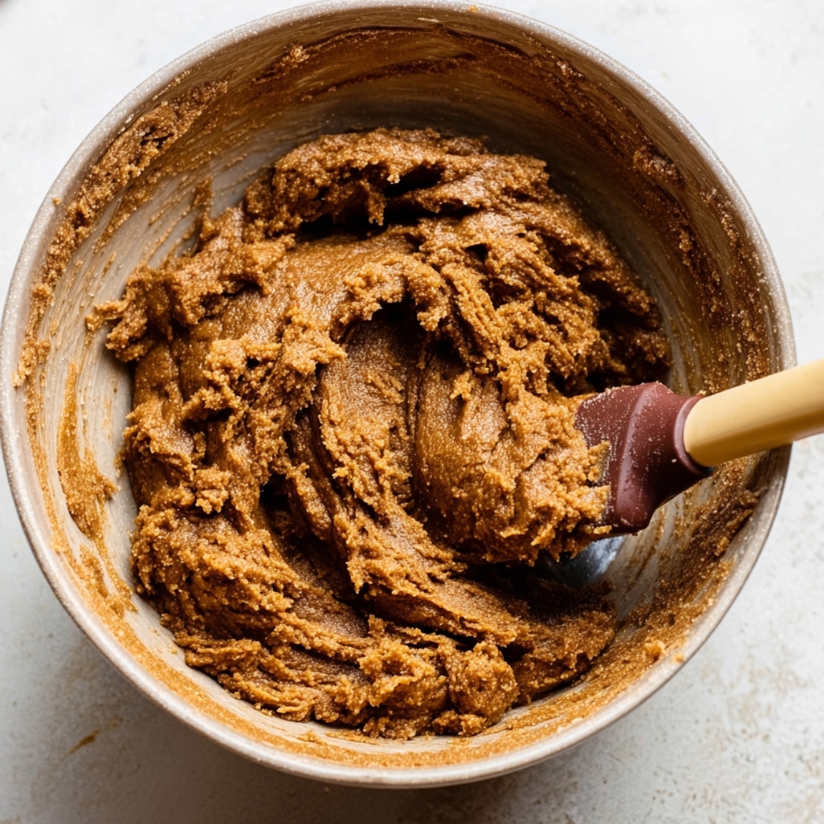 Gingerbread cookie dough in a bowl with a spatula mixing it.
