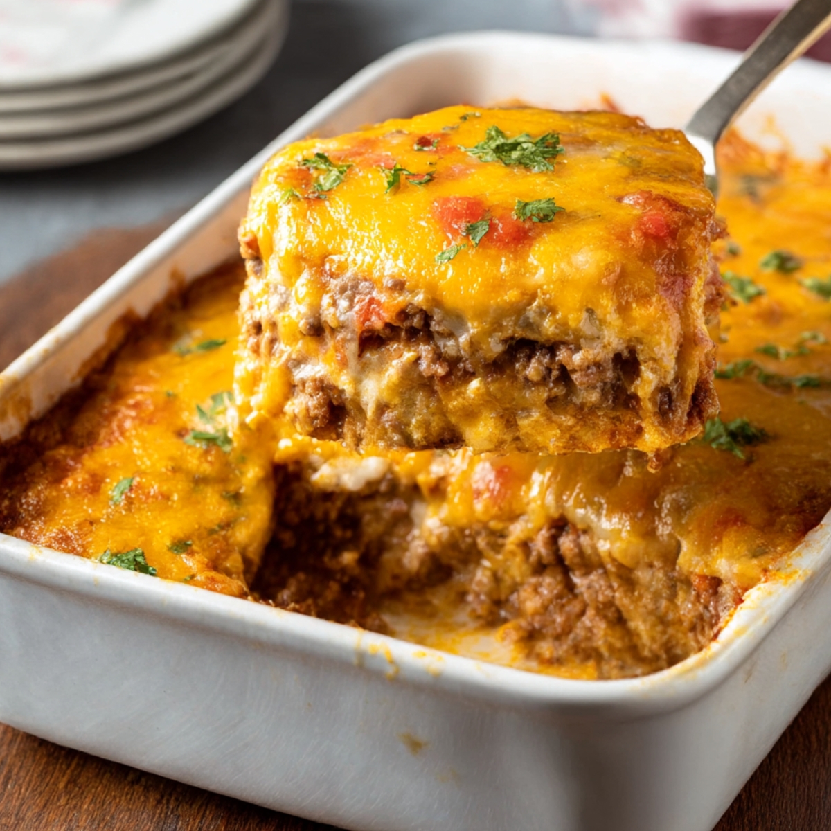 Golden, cheesy Cattle Drive Casserole being served, showcasing layers of ground beef, biscuits, and melted cheddar cheese topped with fresh herbs.