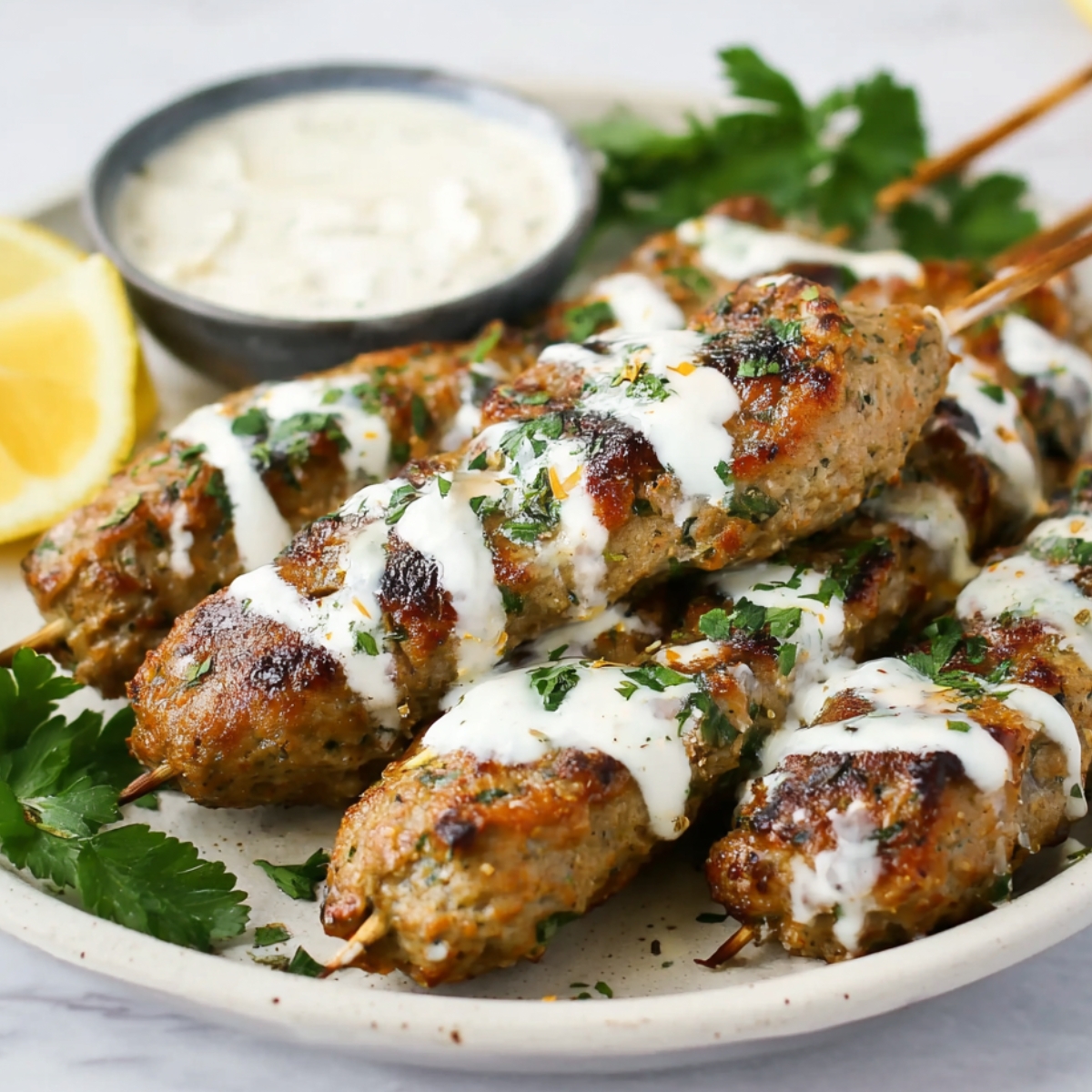 Grilled Chicken Kofta Kebabs drizzled with creamy white sauce and garnished with fresh herbs, served alongside lemon wedges and a dipping sauce.