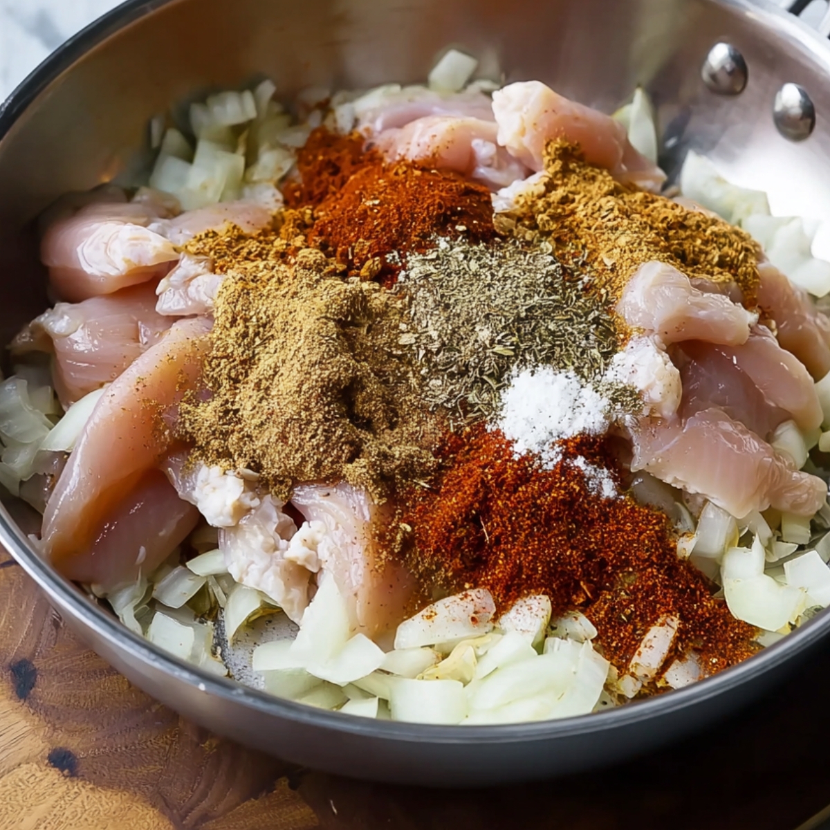 A pan with chopped onions, raw chicken pieces, and a variety of spices, ready to be cooked.