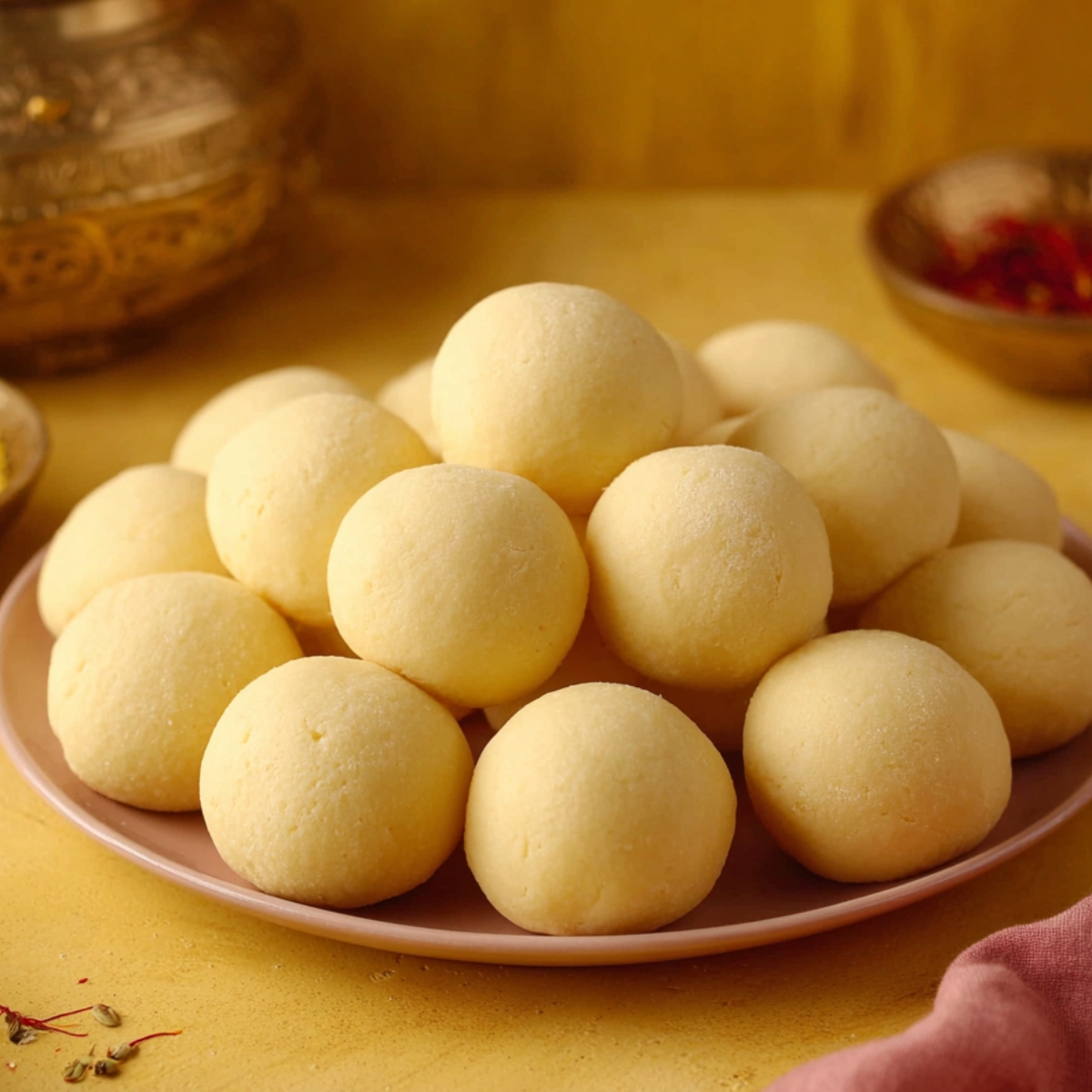 Raw dough balls of Gulab Jamun arranged on a plate, ready to be fried.
