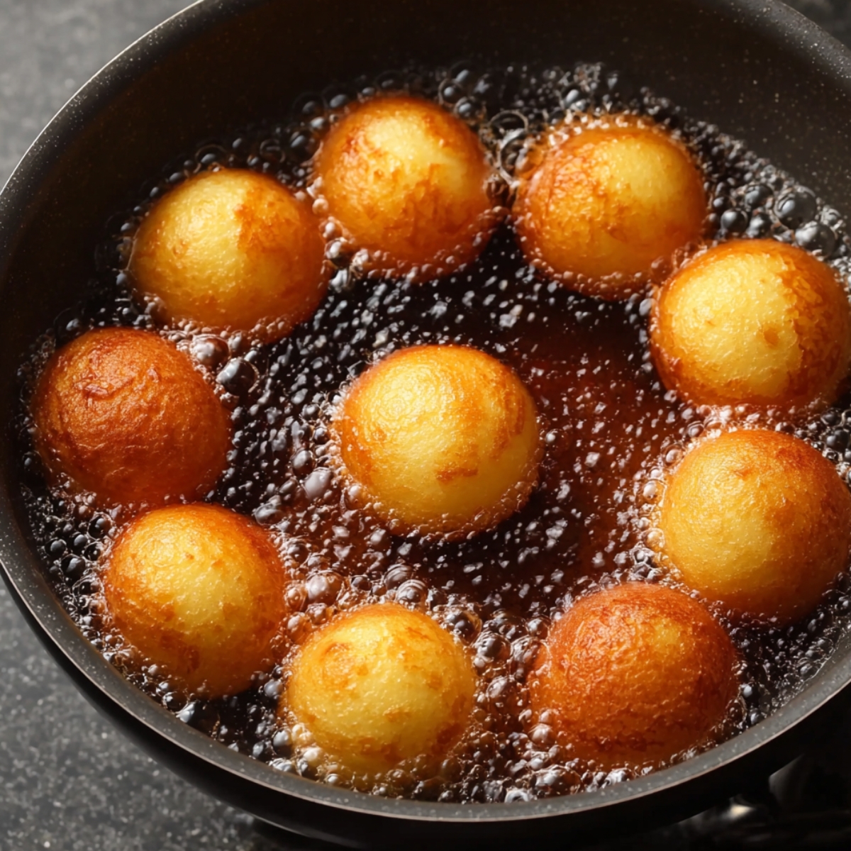 Golden Gulab Jamun balls frying in hot oil, bubbling as they turn golden brown.