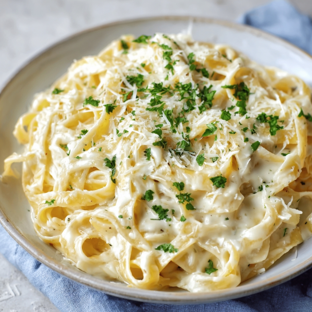 Plate of creamy Fettuccine Alfredo topped with fresh parsley and grated parmesan cheese. The pasta is rich and creamy, served on a light blue napkin.