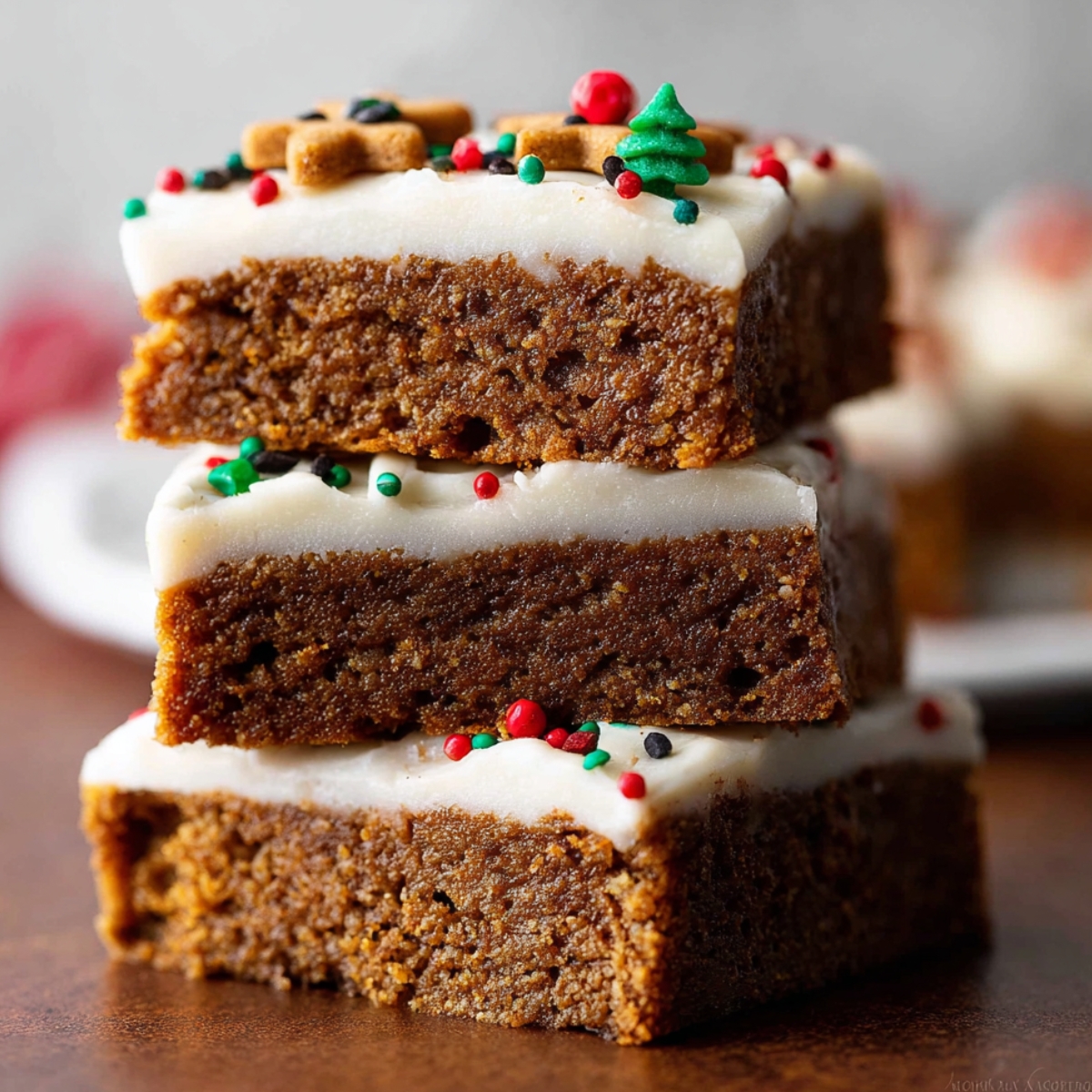 Gingerbread Cookie Bars stacked with frosting and colorful holiday sprinkles.