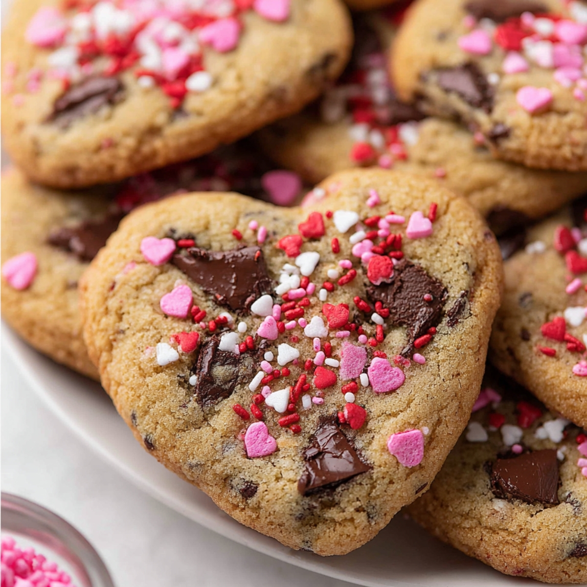 Heart Shaped Chocolate Chip Cookies decorated with pink, red, and white sprinkles, featuring gooey chocolate chunks.
