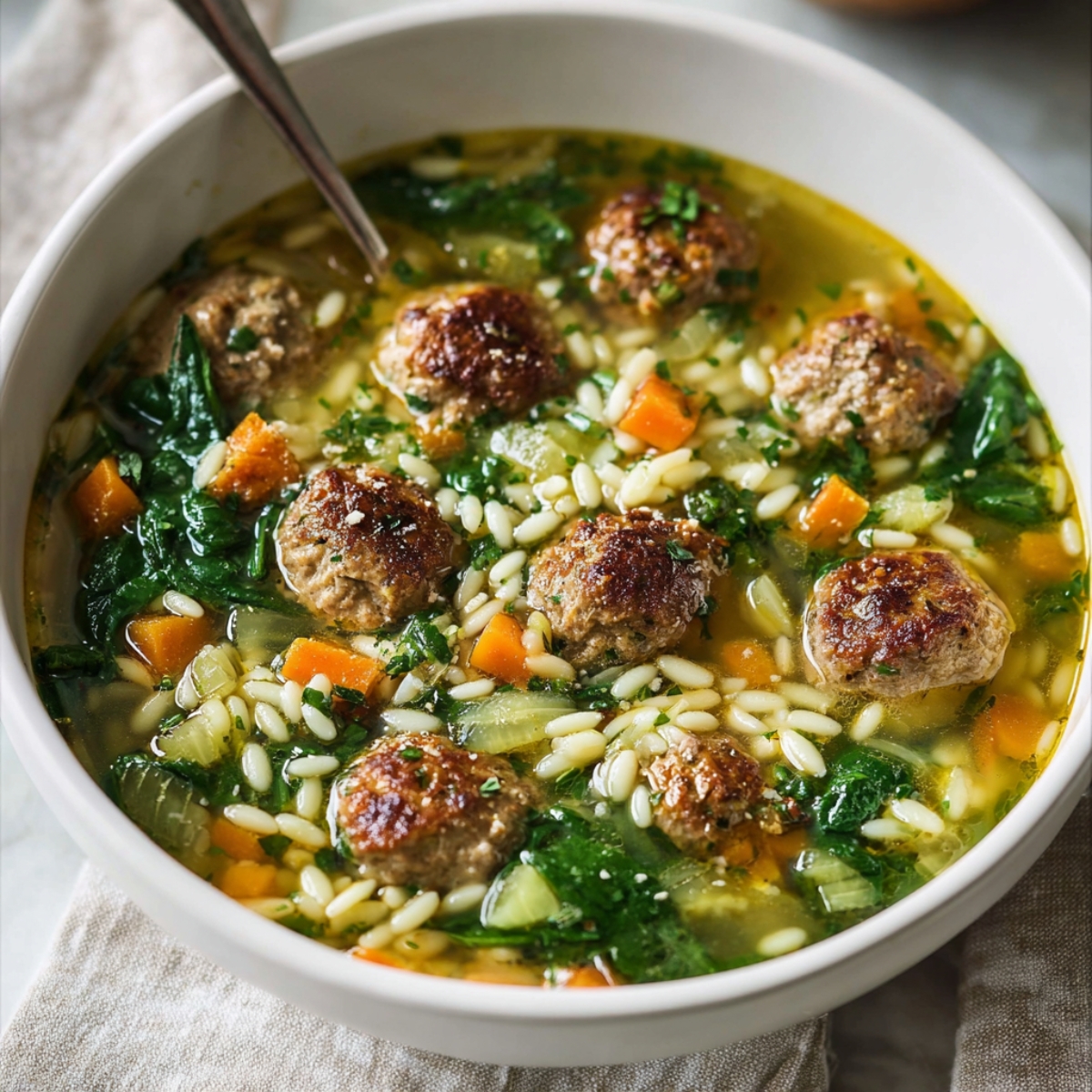 A comforting bowl of Italian Wedding Soup, featuring tender meatballs, spinach, carrots, and orzo, all simmered together in a rich broth.