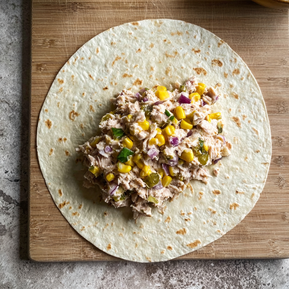 A tortilla wrap being filled with a mixture of tuna, corn, and vegetables, ready to be rolled up for a tuna melt wrap.