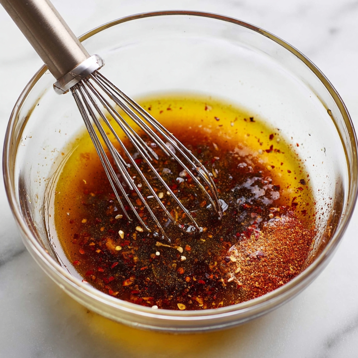 A whisk stirring a smoky, spicy dressing made with olive oil, vinegar, and seasonings like chili powder and cumin.