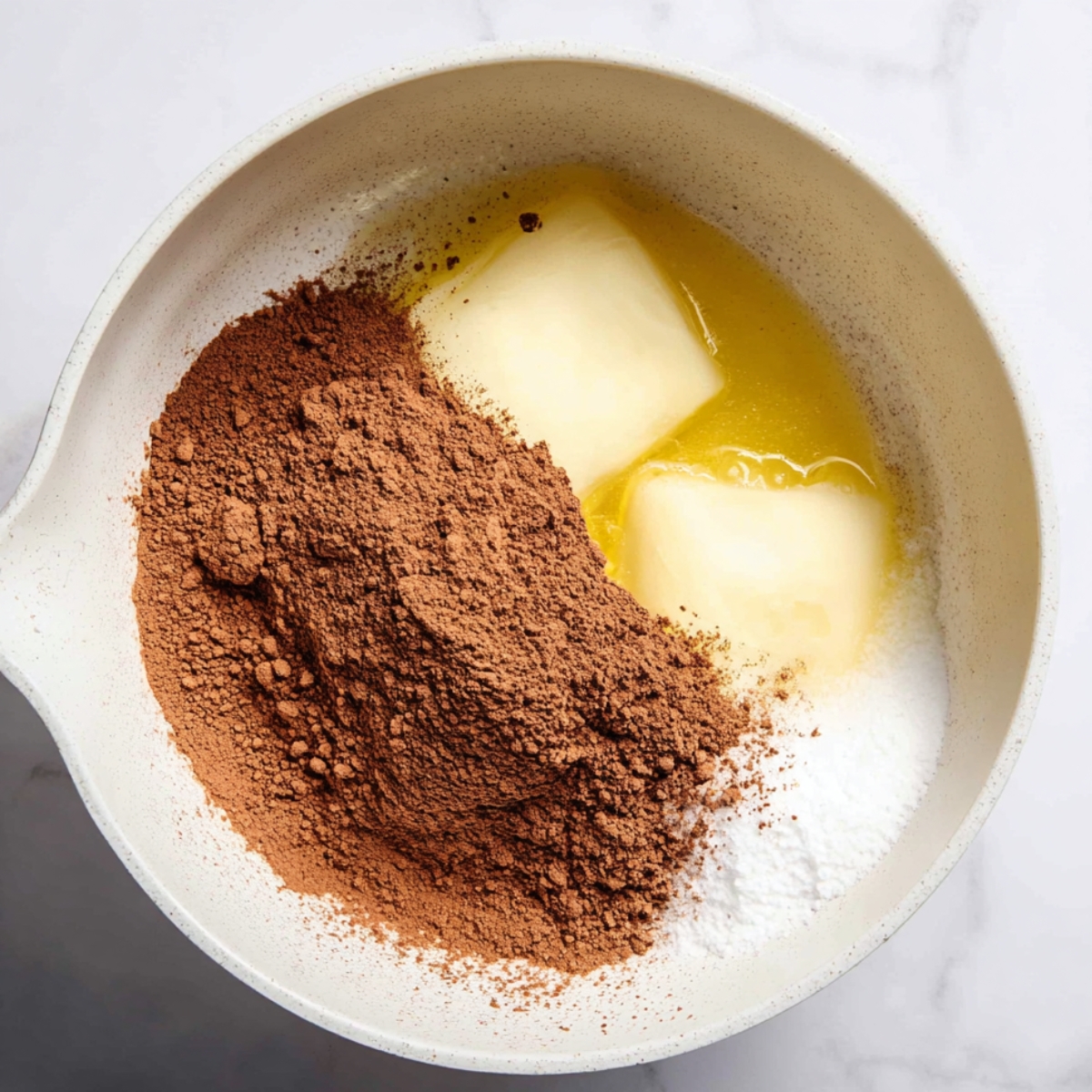 A bowl with melted butter, sugar, and cocoa powder mixed together, ready to be combined into a brownie batter.
